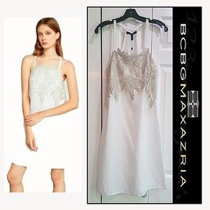 BCBGMAXAZRIA NEW OPTIC WHITE Metallic Embroidered Lace Racerback Tunic XS